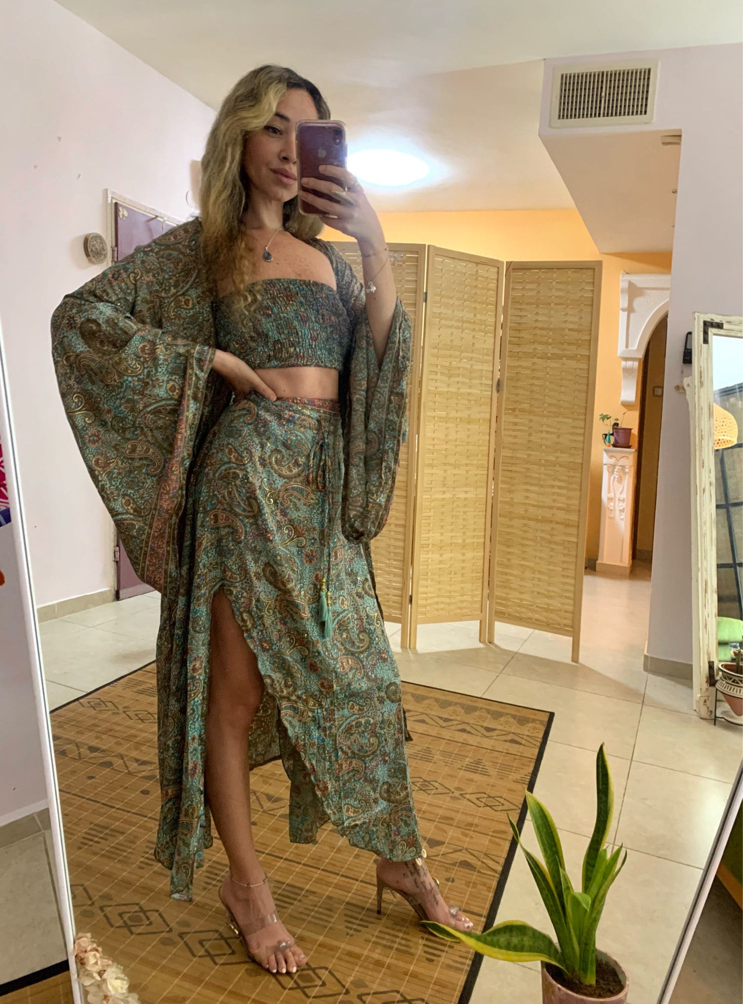 Bohemian silky matching set strapless top slit skirt and bell sleeve kimono | royal luxury outfit | hippie evening set | vacation holiday |