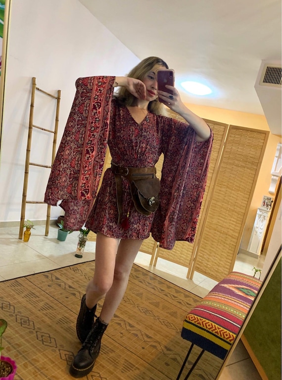 New* Angle Sleeve Mini Dress | Silky Bohemian Sort Flare Sleeve Dress |  Goddess Clothing | One Loss Size With Tie Adjustable Dress | Gift - Etsy  Israel