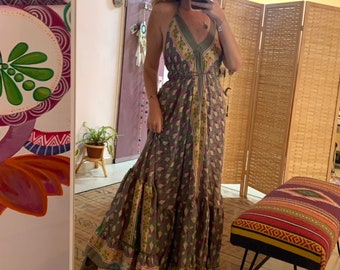 One of a kind vintage silk dress| floral purple and green summer dress | free size,bohemian ethnic dress,backless dress | adjustable back