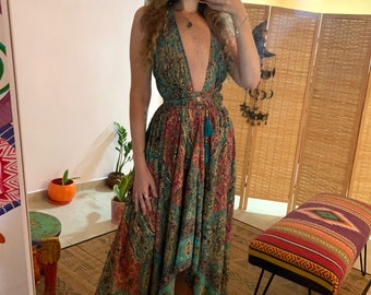 Deep v bohemian turquoise dress | backless dress | goddess hippie style,recordable free size | summer dress | holiday vacation ware | festiv