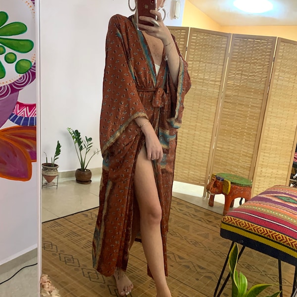 Earthy flower silk one of a kind kimono | luxury coverup | bohemian dressing gown | lounge wear | festival clothing | bridal robe | vintage