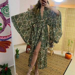Boho dress set | halter backless dress and bell sleeve kimono outfit | two piece matching set | boho clothing for woman | silky goddess set