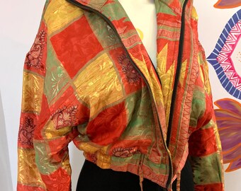 Silk one of a kind mini jacket | short waist zipper winter coat | hot pink jacket | vintage clothing |  free size | bohemian winter ware