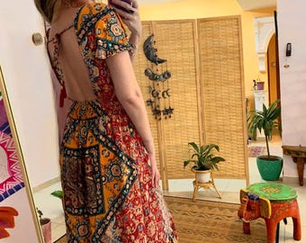 Bohemian buttoned Up backless long dress | | front slit dress | maxi long summer dress | gold patterns | open back boho dress| formal  pixie