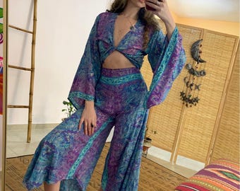 Bohemian Bell sleeve tie top set with flare flowy trousers | two pice pants set | rave outfit | goddess outfit | one loss size | boho outfit