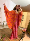 Royal silky goddess dress | bohemian butterfly sleeve maxi dress | bright oversize flowy goddess dress | long v neck open back dress | boho product logo
