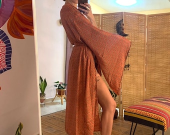 Silky bell sleeve bohemian kimono,boho coverup robe,hippie holiday midi kimono | goddess beachwear | flare sleeve duster | orange kimono