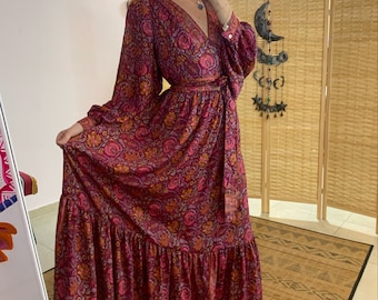 Long romantic bohemian silky dress | modest long dress | flower dress | 80s soldiers | goddess maxi loss fit dress | small to plus size boho