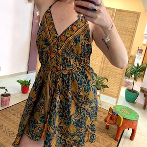 Blue backless bohemian mini dress | goddess dress | | ethnic hippie chic| free loss size | midi dress | halter v neck dress | summer short
