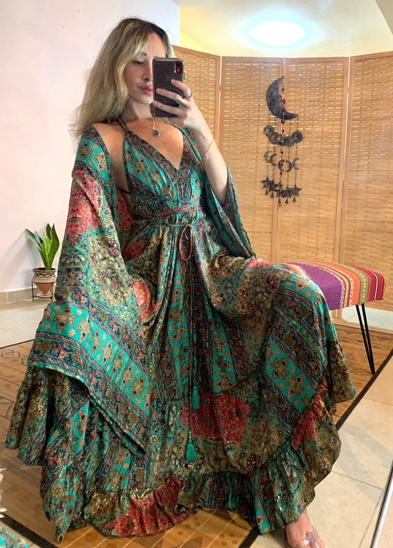 Luxury bohemian matching outfit open back dress and bell sleeve kimono set royal silky outfit Hippie Boho 2 piece Dress Outfit rave zdjęcie 1