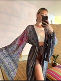 sparkle gold kinono| festival clothing | bohemian kimono | coverup | beachwear | hippie bell sleeve midi duster robe | holiday vacation ware product logo