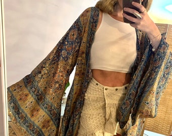 sparkle gold kinono| festival clothing | bohemian kimono | coverup | beachwear | hippie bell sleeve midi duster robe | holiday vacation ware