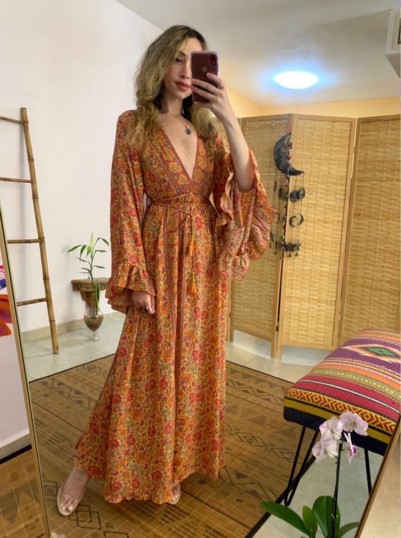 silky flowy dress floral slit maxi | slip cut maxi bohemian dress | long bell sleeve long dress | goddess clothing VENDOR COLOR-IVORY BROWN