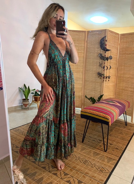 Sparkling Gold Turquoise Long Open Back Dress | Backless Maxi Loss Flowy  Dress | Bohemian Dress | Free Loss Size | Halter Summer Dress | - Etsy