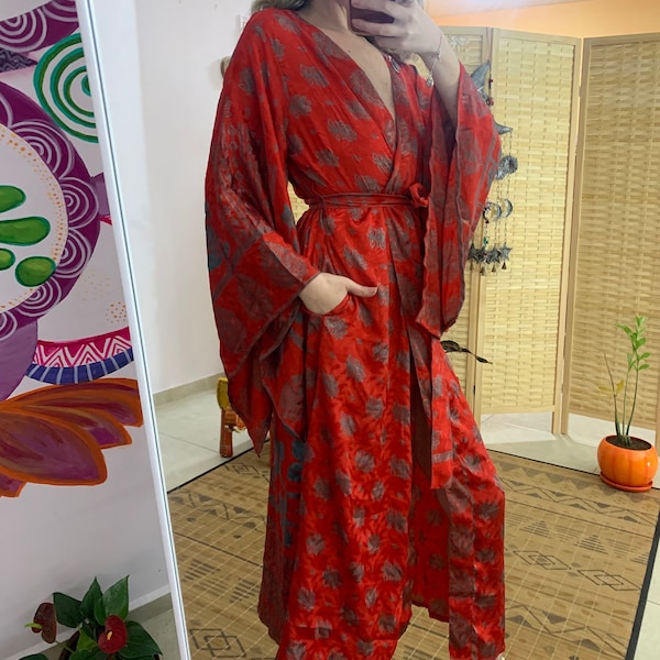 silk one of a kind bell sleeve and pockets kimono| luxury wrap dress| bohemian dressing gown | lounge wear | festival clothing | bridal robe