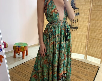 Deep v bohemian dress | sexy backless dress | goddess boho style | free loss size | summer dress | holiday vacation ware | festival dress