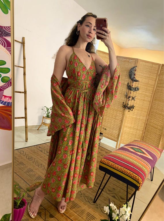 Cotton Backless Dress and Bell Sleeve Kimono Set Bright Flowers