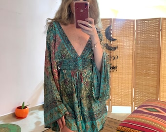 Vestido mini bohemio azul sin espalda / vestido de diosa / / étnico hippie chic / talla libre de pérdida / vestido midi / vestido de cuello halter / vestido de manga acampanada