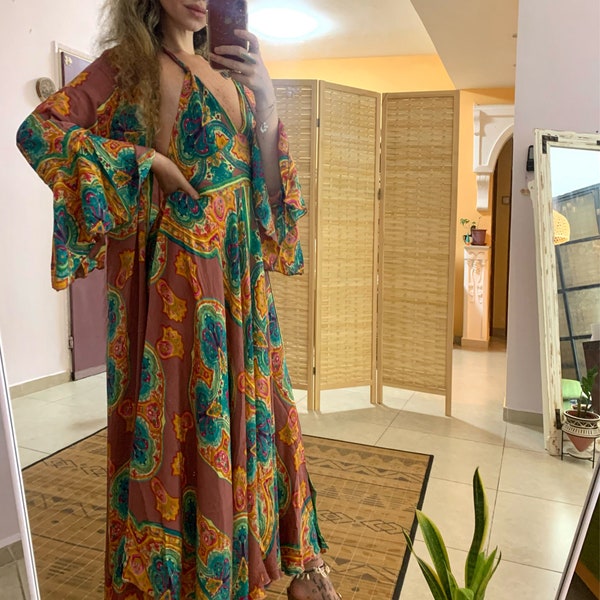 Luxury bohemian matching outfit | silky jumpsuit and kimono set | backless one piece and coverup | goddess dress set | two piece suit | boho