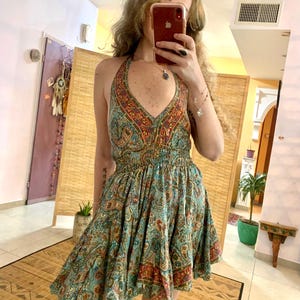 Short bohemian halter mini dress | summer short backless dress | party mini dress | beach dress | silky earthy style | festival clothing |