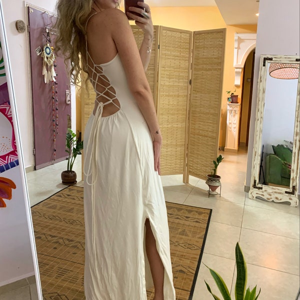 Cross back white long maxi goddess dress | bohemian pixie dress | wedding dress | rave backless dress | string back lace up dress |