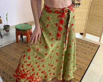 Bohemian green wrap skirt | silk vintage skirt | maxi skirt | two in one skirt | modest skirt | goddess clothing \ boho skirt | gift for he