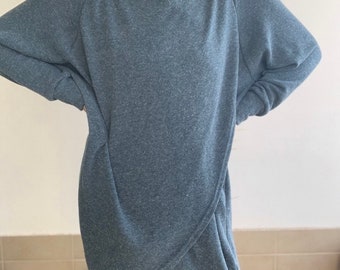Simpler comfortable tunic sweater | winter bohemian dress | plane colors warm tunic | free loss fit tunic cotton dress with stand-up collar