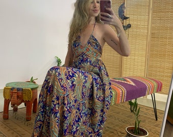 Goddess long backless dress ,bohemian  summer dress | vacation resort dress | halter maxi dress | Colorful Fluid Dress | open back long dres