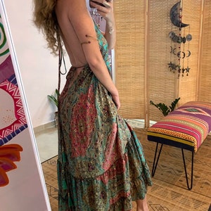 Funkelndes Gold-Türkis-Kleid mit langem Rücken und offenem Rücken | rückenfreies Maxi verlust fließendes Kleid | Boho Kleid | verlustfreie Größe | Neckholder Sommerkleid |