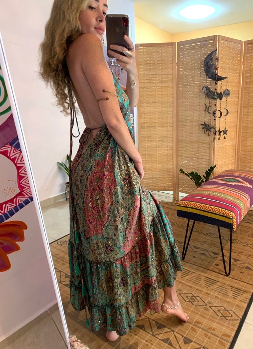Sparkling gold turquoise long open back dress | backless maxi loss flowy dress | bohemian dress | free loss size | halter summer dress |