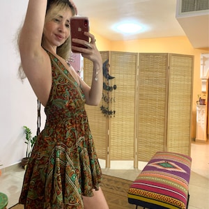 Short bohemian halter mini dress | summer short backless dress | party mini dress | beach dress | silky earthy style | festival clothing |