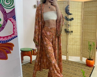 Two piece set bell sleeve kimono and loss Flowey trousers | bohemian two piece set pants | boho silky outfit | one loss size | goddess set