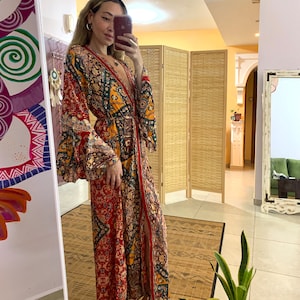 Boho  long maxi kimono | silky sparkle gold bohemian duster robe | free loss size | hippie dress | festival | goddess jacket | beach boho