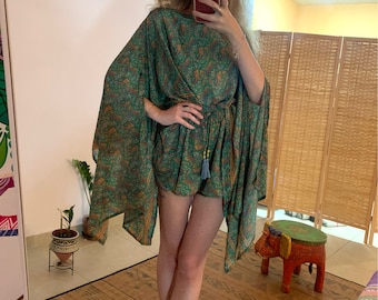 Bohemian shorts and poncho set | off shoulder | luxury vacation look | hippie two piece set | party outfit | green flower | goddess dress |