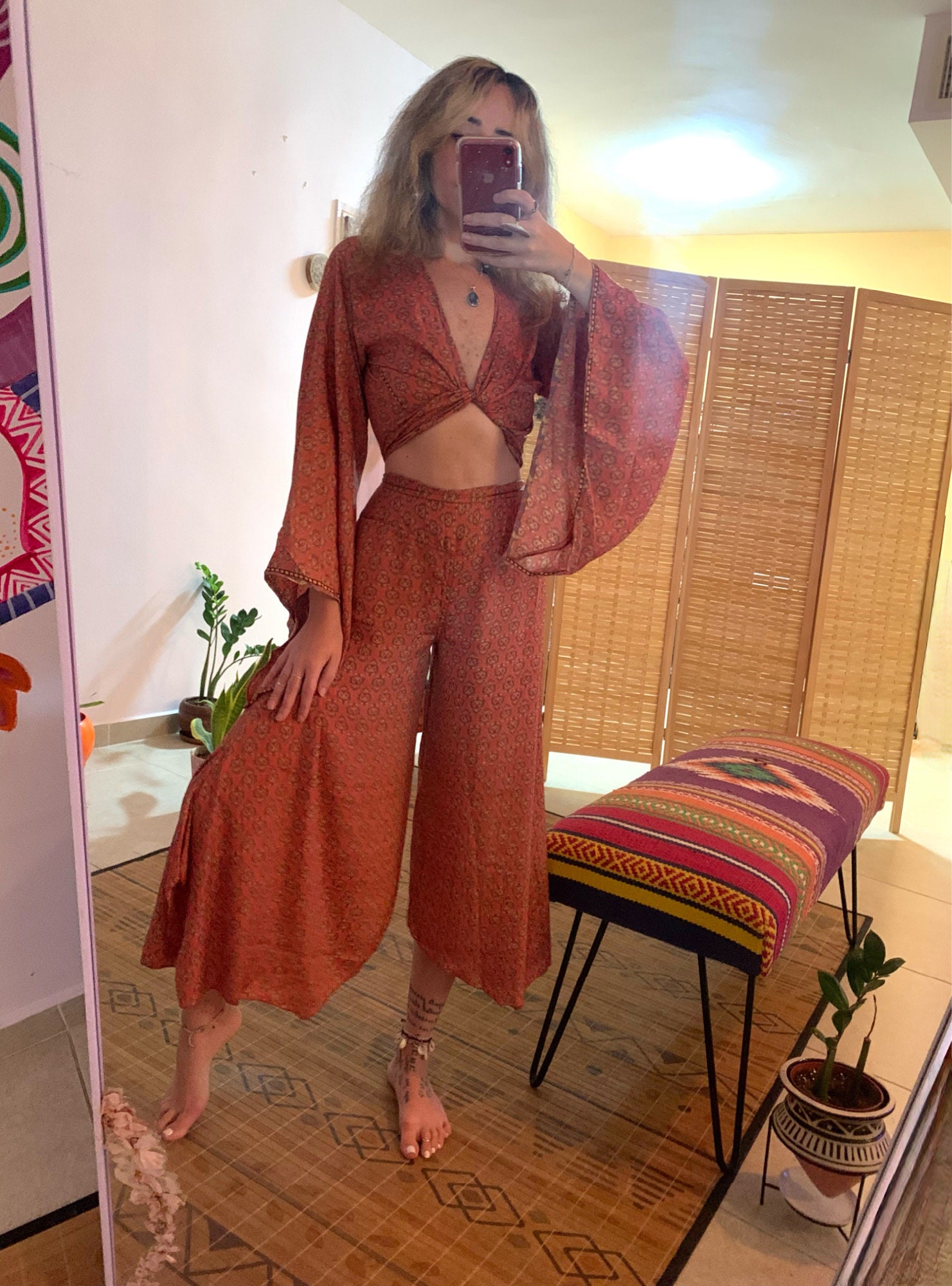 Bohemian Bell Long Sleeve Crop Top Set With Flare Trousers | Two Pice ...