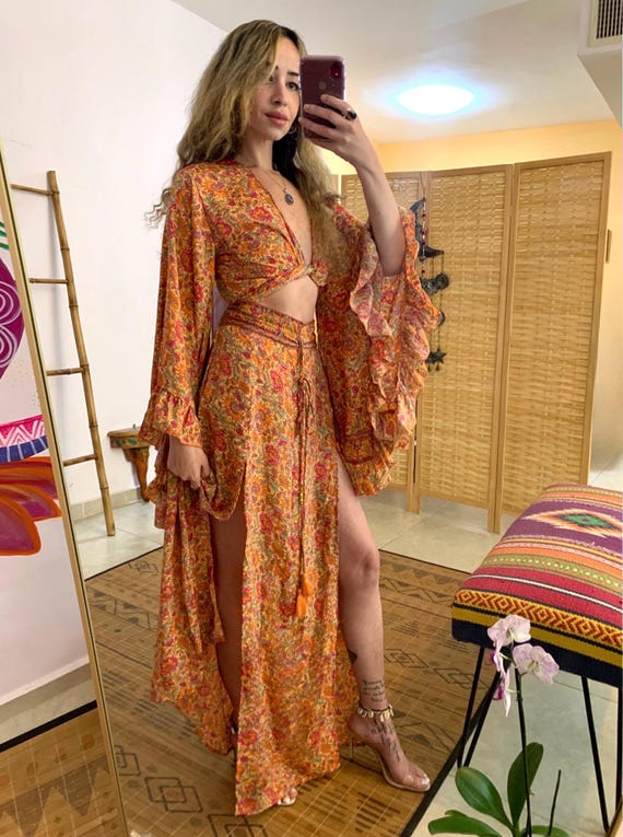 bohemian two piece dress Elegant 2 Piece Set Dress Boho Summer Beach Dress Woman Photo Shoot Gowns Side Slit YEWEN YW220821 4 / Brown Color