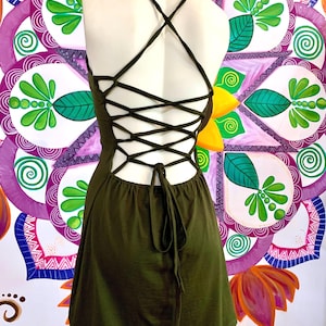 Cross back mini green | plane goddess dress | bohemian pixie dress | loss size | rave backless dress | string back lace up dress | boho ware
