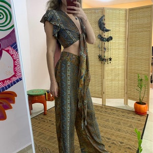 Two piece 3 way tie top and loss Flowey trousers | bohemian two piece set pants | boho silky outfit | one loss size | goddess clothing set