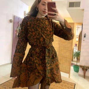 flower hoodie tunic dress with pockets and belt | Paisley Hooded Crossover Wrap | earthy clothing | spring long sleeve dress | shawl boho dr