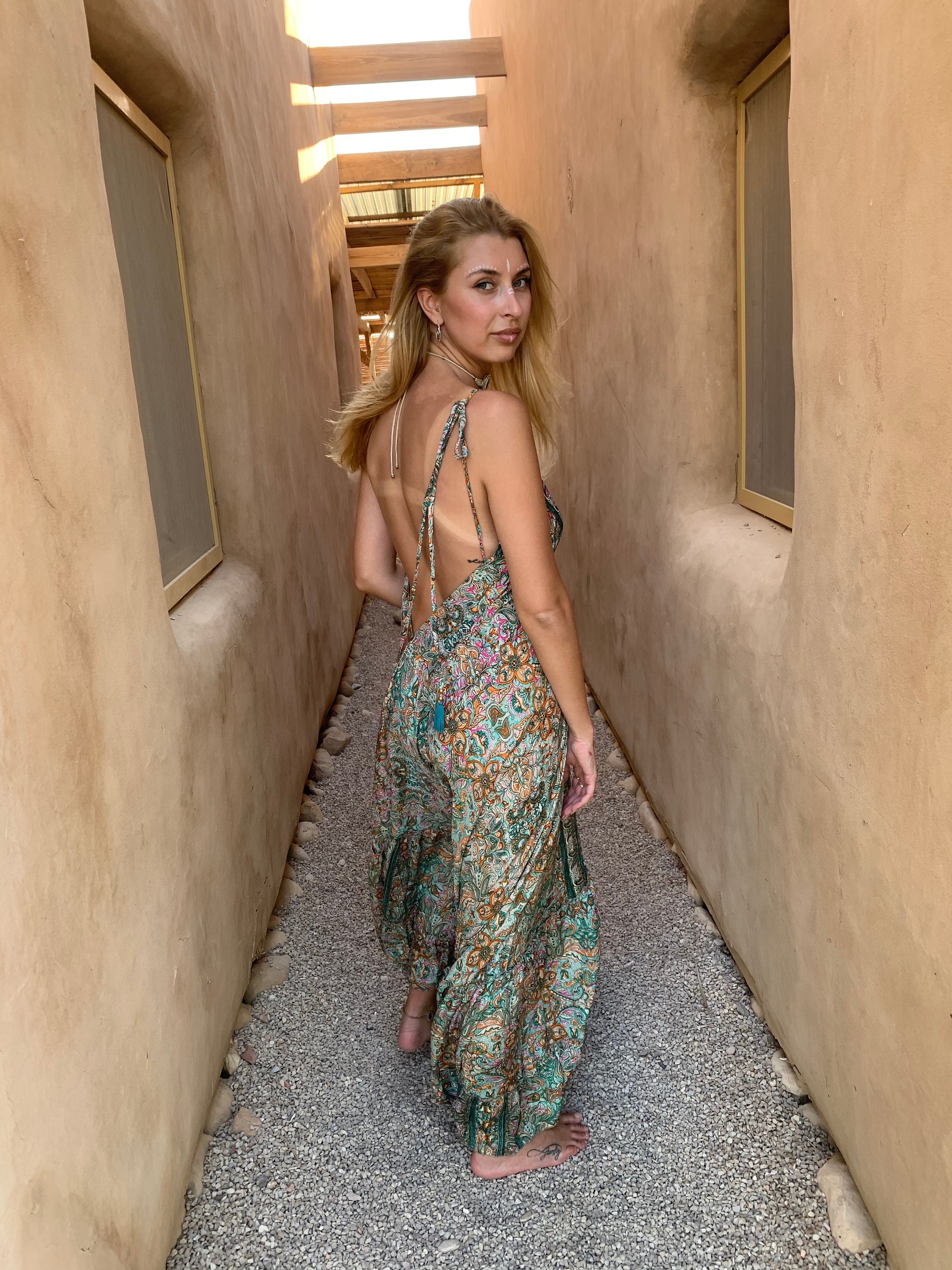 open back dress,green boho dress,boho dress,bohemian dress,goddess hippie ,plus size ,backless bohemian | open back