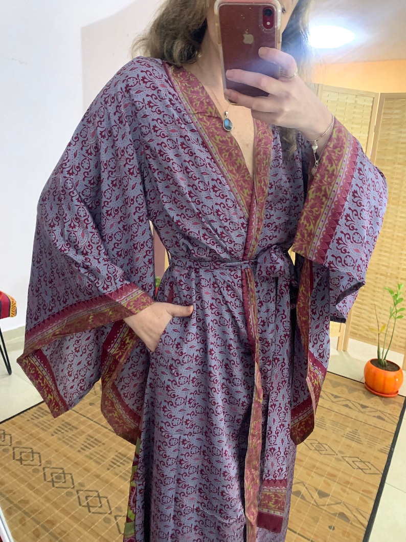 Bell Ringing Robe Silk One of a Kind Bell Sleeve and Pockets Kimono| Luxury Wrap Dress ...