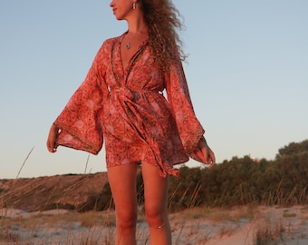 Silky bohemian short kimono  | free size loss fit |holiday vacation ware | lounge rode | goddess hippie style | mini flare dress | rave kimo