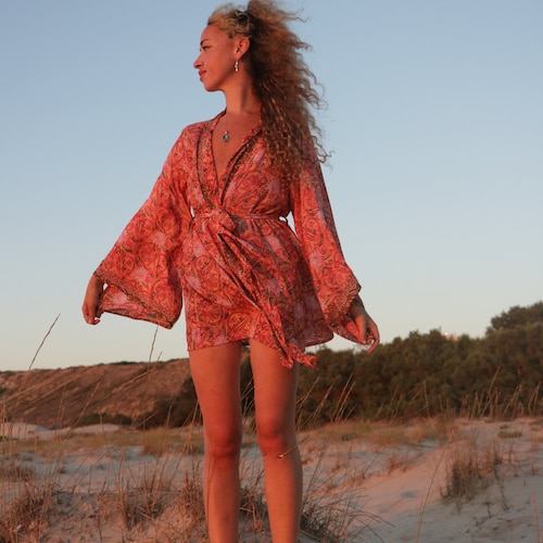 kimono style short dress Silky Bohemian Short Kimono | Free Size Loss Fit |holiday Vacation Ware |  Lounge Rode | Goddess Hippie Style | Mini Flare Dress | Rave Kimo