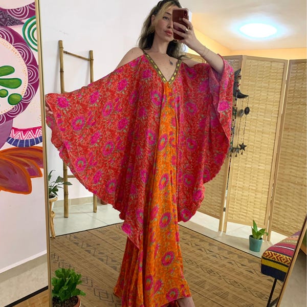 Royal silky goddess dress | bohemian butterfly sleeve maxi dress | bright oversize flowy goddess dress | long v neck open back dress | boho