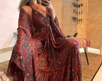 Goddess backless dress and bell sleeve kimono 2 piece matching set | red and gold patterns bohemian royal outfit | boho open back dress set