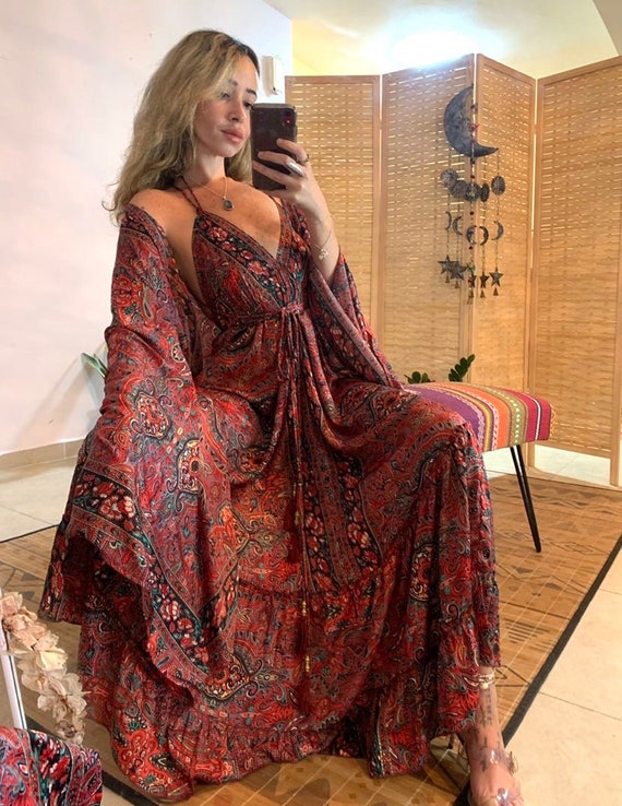 Goddess backless dress and bell sleeve kimono 2 piece matching set | red and gold patterns bohemian royal outfit | boho open back dress set