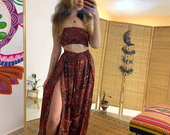 Strapless top and open side pants with pockets set | Earthy style | High Slit Pants  | festival outfit| goddess ware | rave outfit |Side Sli