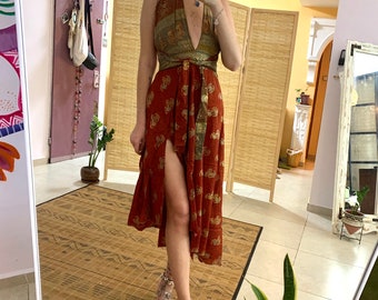 One of a kind silk backless dress | vintage open back dress | summer side slit cut | bohemian dress | sexy back dress | goddess dress