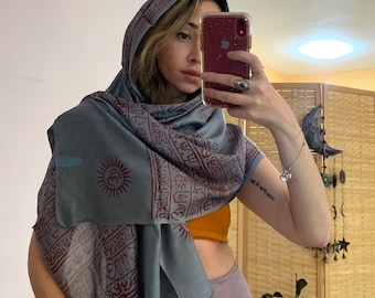 ブルークプリントのナチュラルスカーフ | ボヘミアンパレオ | エスニックトライバルシック | ボヘミアンスカーフ | ナチュラルショール | ビキニカバーアップタイスカート | ネイチャーウェア