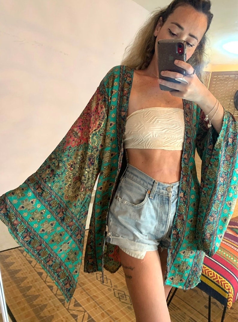 Abito boho di lusso abbinato / abito con schiena scoperta e set kimono con maniche a campana / abito setoso reale / abito hippie Boho in 2 pezzi / rave immagine 7